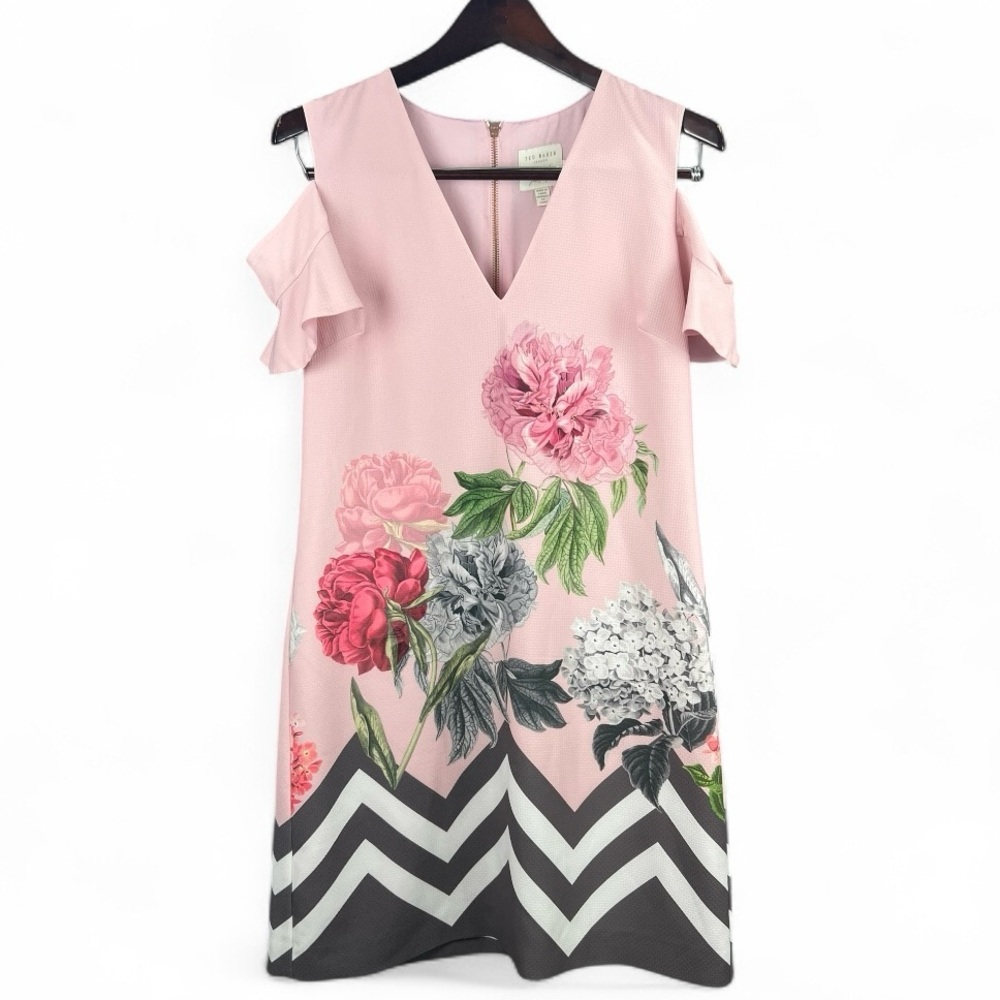 Ted Baker Jareye Cutout Tunic Dress In Dusky Pink Floral Print Chevron Sz3/US6-8